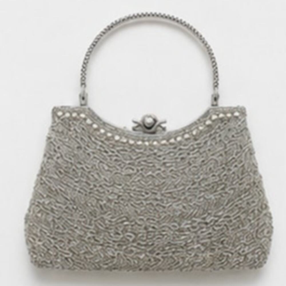 Vintage Silver Beaded Top Handle Evening Bag Faux Pearl Kiss Lock Purse